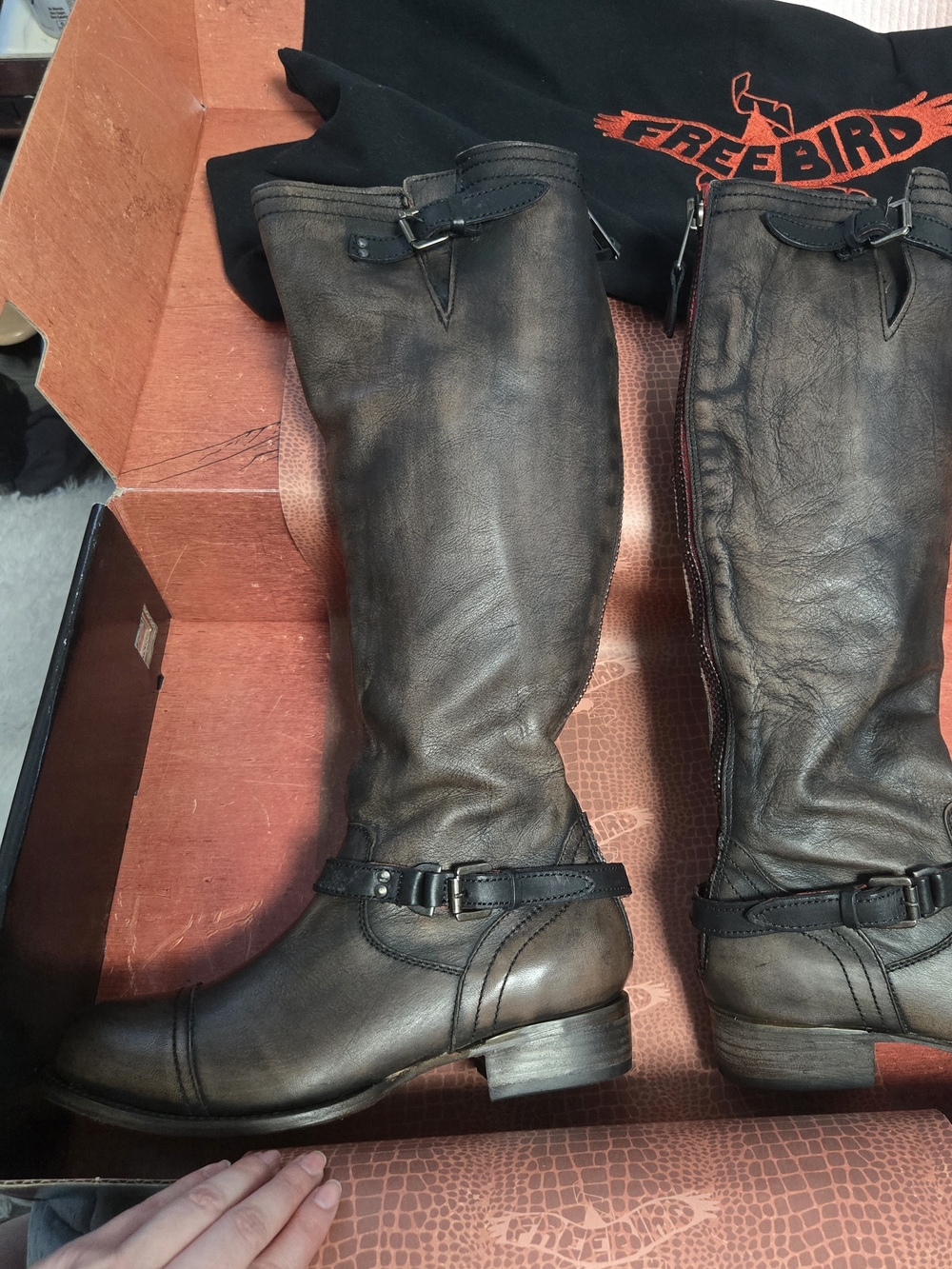Roadey 9 Black Freebird by Steven Leather Riding Boots Red Zipper Back